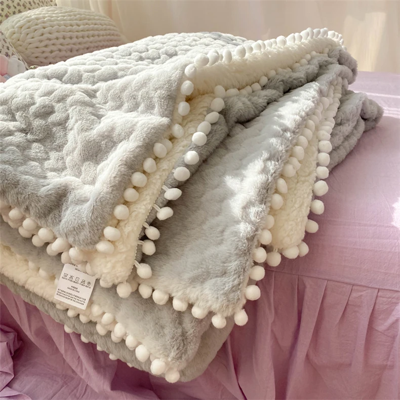 

Одеяло AB Side из овечьей шерсти с маленьким шариком, простое серое Флисовое одеяло для дивана с кроликом, покрывало с маленьким слоем любви
