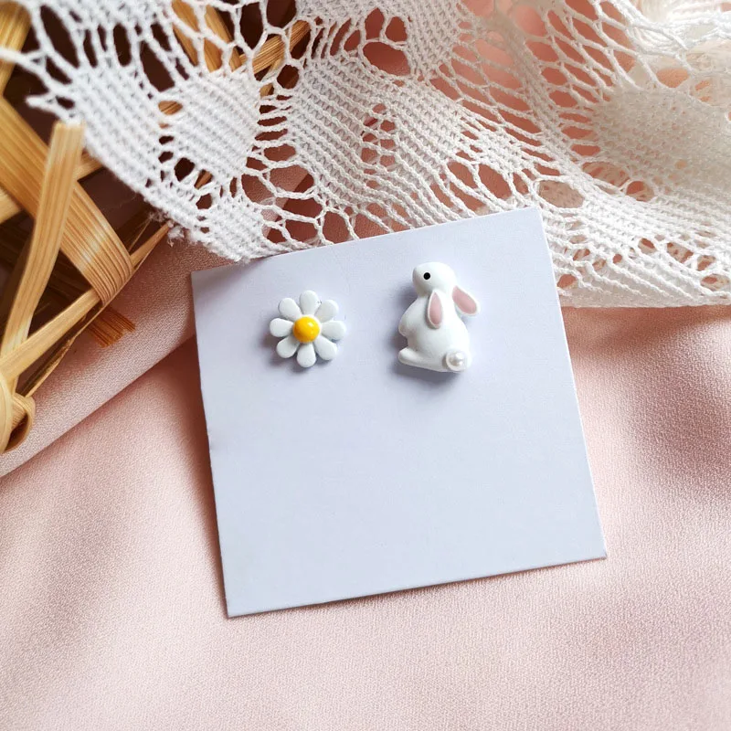

Cute Cat Rabbit Daisy Asymmetry Stud Earrings For Women Sweet Mini Enamel Flower Love Heart Animal Party Young Girl Jewelry Gift