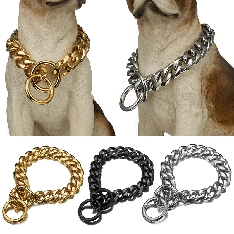 Plated Gold Dog Collar Heavy Duty Stainless Steel Cuban Link Pet Chain for Large Dogs Bully Pitbull French Bulldog Curb Necklace