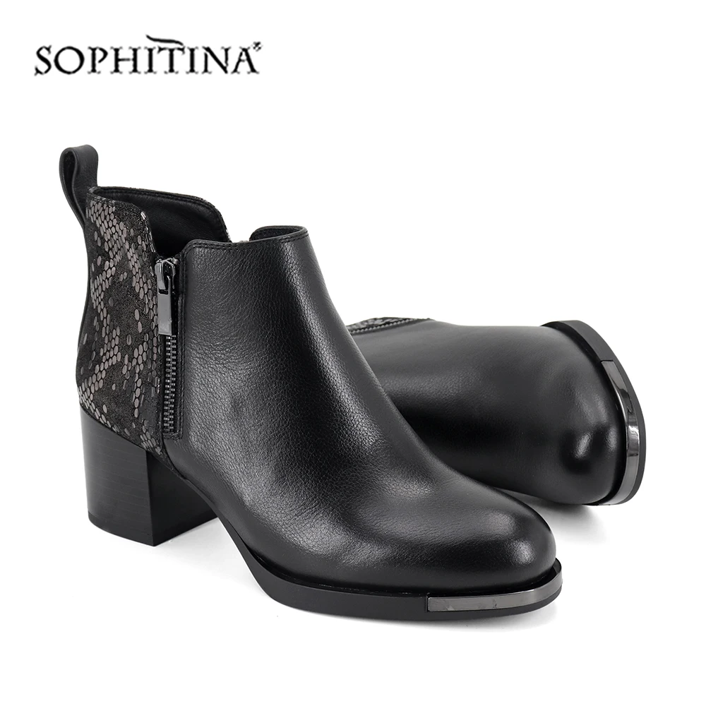 SOPHITINA/Ботильоны женские на весну и осень. Модные сапоги с рисунком животных из высококачественной коровьей кожи на квадратном каблуке с круглым носком. Новая обувь с молниями сбоку. Ботинки с метал. пряжкой. SC393