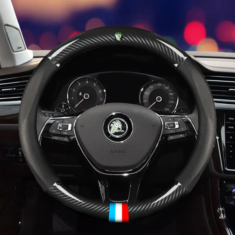 

2021 New Car Carbon Fiber Leather Steering Wheel Cover 38cm for SKODA OCTAVIA SUPERB KAMIQ KODIAQ KAROQ FABIA SCALA 2011-2020