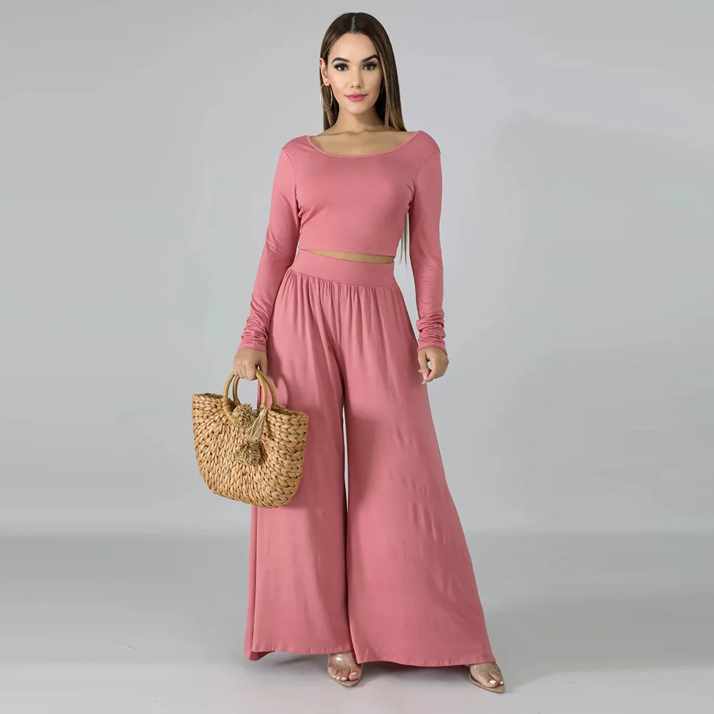 

Women Plus Size Two Piece Solid Color Sets Long Sleeve Blouse Crop Top + High Waist Pleated Long Wide Leg Pant Clothes Suits