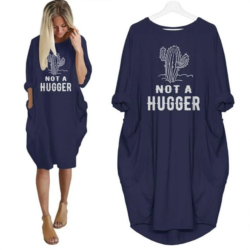 

Cactus Not A Hugger Letters Print Dress Harajuku Long Sleeve With Pocket O-neck Dress Summer Plus Size Casual Pullover Dress