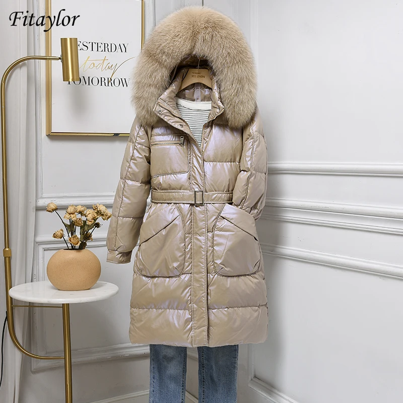 Fitaylor Winter Large Real Fur Collar Hooded Feather Long Jacket Women with Belt Slim Down Coat Bright Surface Fit Thick Outwear | Женская