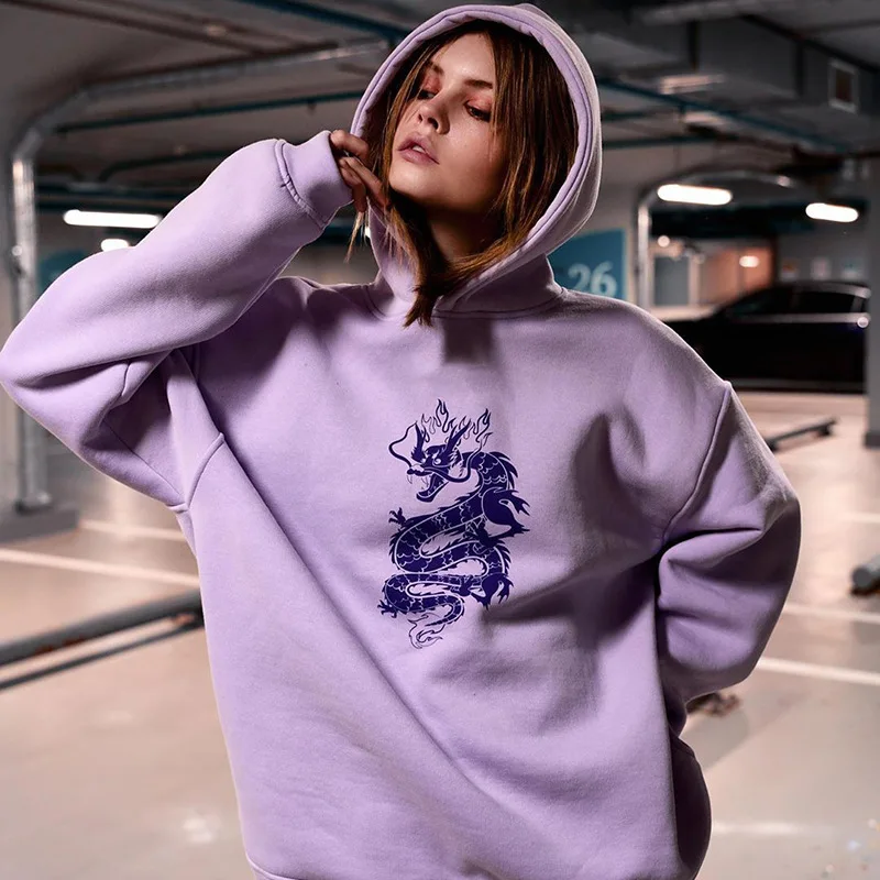 

Women Fashion Hoodies Long-sleeved Sweatshirt Personality Dragon Print Round neck Loose Hooded T-Shirt Streetwear