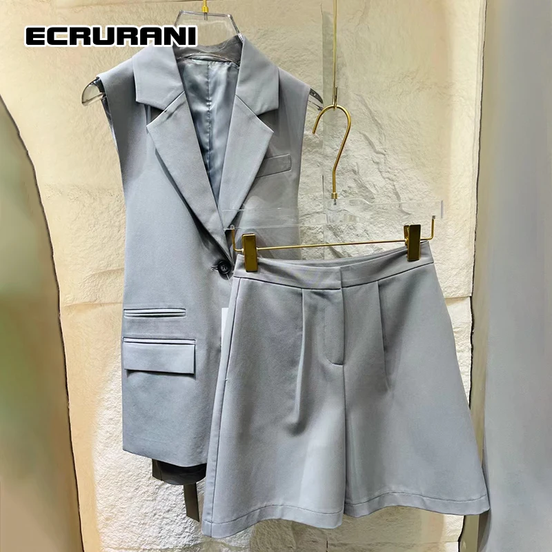 

ECRURANI Gray Casual Two Piece Set For Women Notched Sleeveless Vests High Waist Short Trousers Females 2021 Shorts Suits Summer