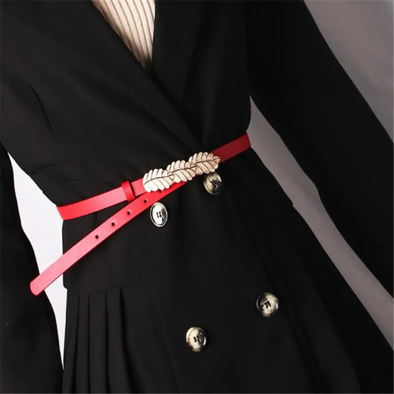 

106cm*1.4cm PU Belt Women Leaf Metal Buckle Stylish Ladies Girdle Vintage Leisure Thin Waistband Female
