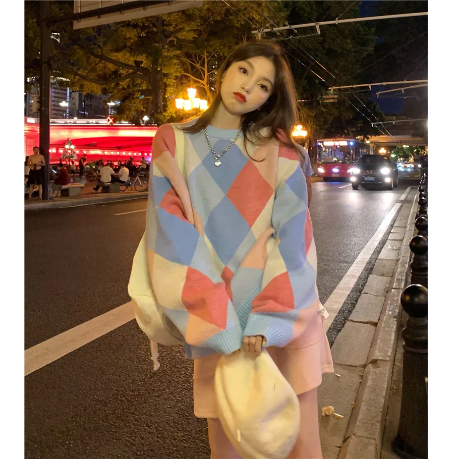 

Женская свободная верхняя одежда пуловер с ромбами, осень и зима 2021, новый дизайн, стиль Sense