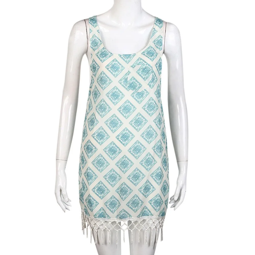 Женское пляжное платье без рукавов повседневное в клетку с кисточками и вязаным