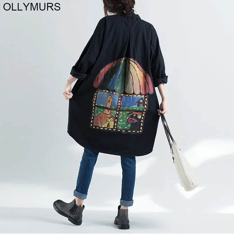 2019 New Women Plus Size Cartoon Print Shirt Blouse Cotton Oversize Batwing Vintage Long Cardigan Roupa Feminin 6XL | Женская одежда