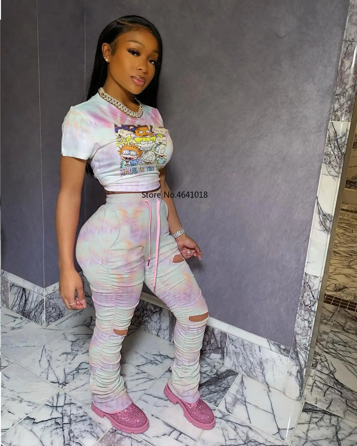 Повседневная Женская футболка с принтом из мультфильма комплект двух предметов