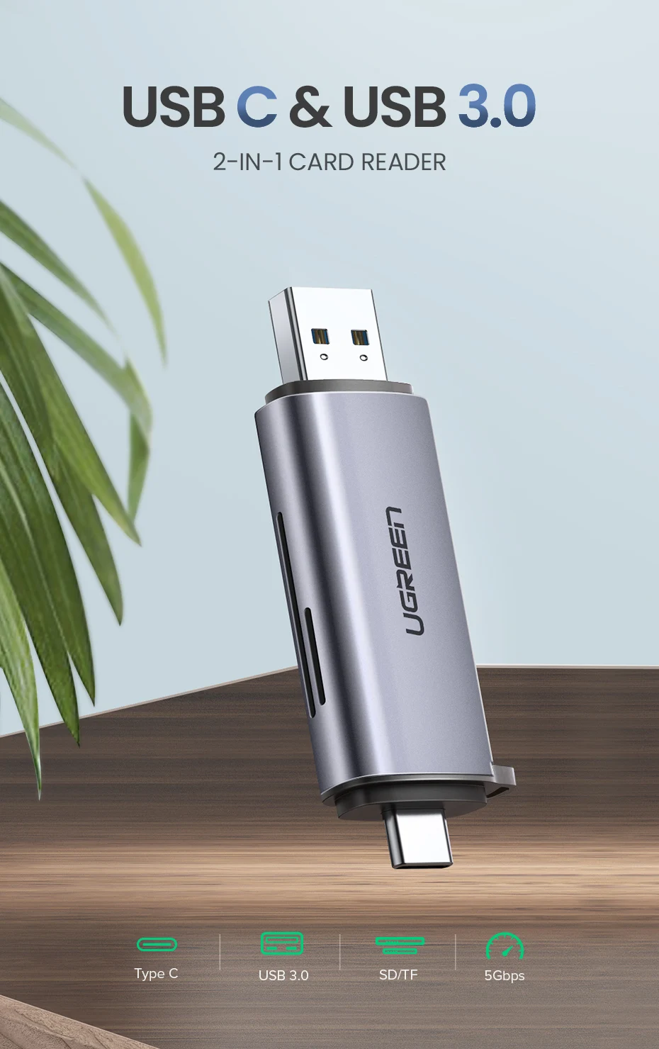 Ugreen кард-ридер USB 3,0 type C для SD Micro SD TF адаптер для ноутбуков Аксессуары OTG кардридер смарт-карта памяти SD кардридер