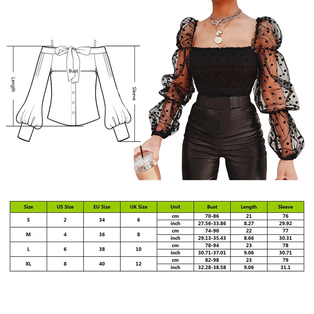 

New Sexy Off Shoulder Blouse Women Mesh Flare Sleeve Shirts Summer Fashion Sheer Long Sleeve Lace Frill Blouser Tops