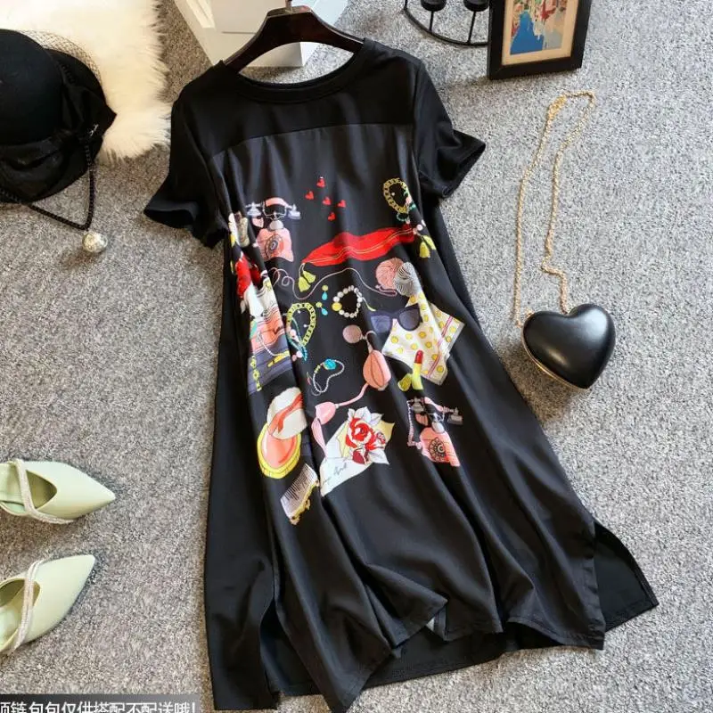 

Summer Dress Women New Large Size Slimming Loose Fashion Belly-covering length Black Spliced Printing Vintage Oversized Dress