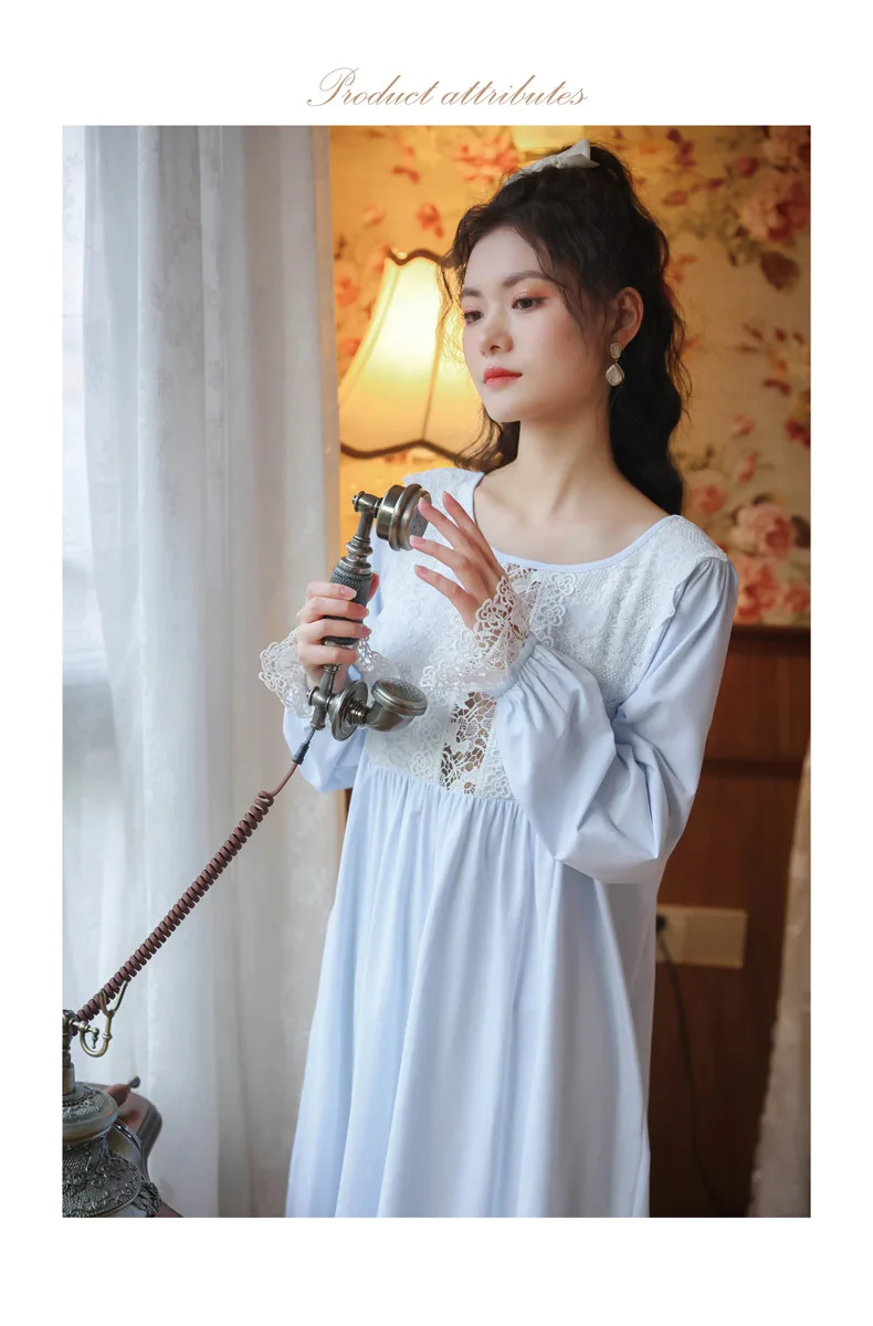 

Plus-Sized Loose Nightgown Court Style Vintage Sweet Princess Long Sleeve Nightdress Sexy Embroidered Sleepwear Spring/Autumn