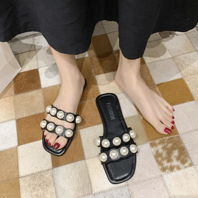 

Shoes Square Toe Rubber Flip Flops Ladies' Slippers Summer Clogs Woman String Bead Luxury Slides Pantofle Low Hawaiian Beach Des