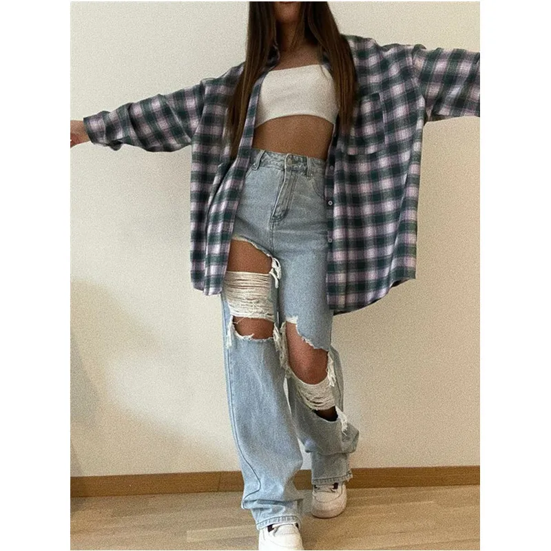 

Women Ripped Jeans High Waist Hollow Out Trousers Straight-Leg Pants Large Size Boyfriend Jean High Waist y2k Pants Streetwear