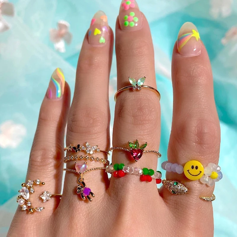 

New Ins Shiny Fruit Geometric Ring for Women Y2K Jewelry Vintage Cute Harajuku Charms Apple Cherry Rings 90s Aesthetic Friends