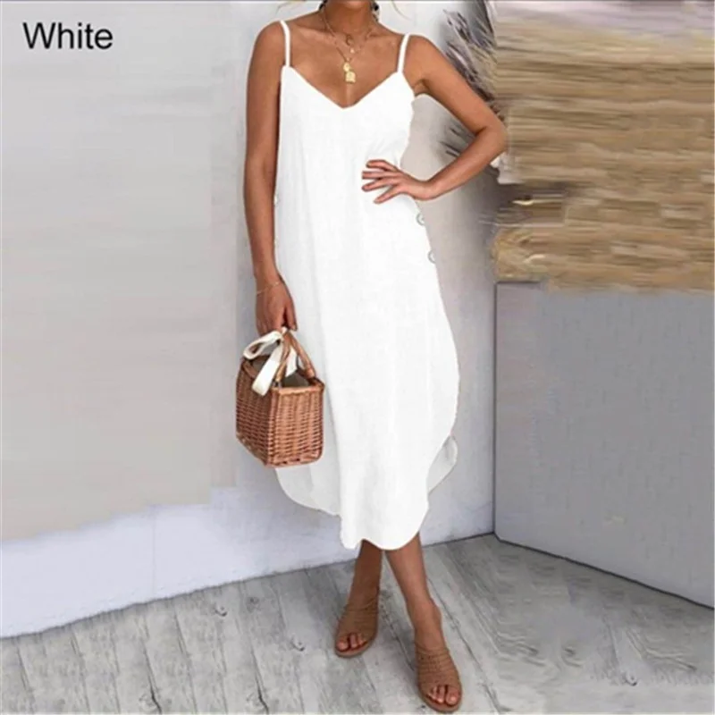 

Loose Button Slit Slip Dress Irregular Casual Midi Women's Dresses Woman Female Elegant Summer Bodycon Casual Clothing