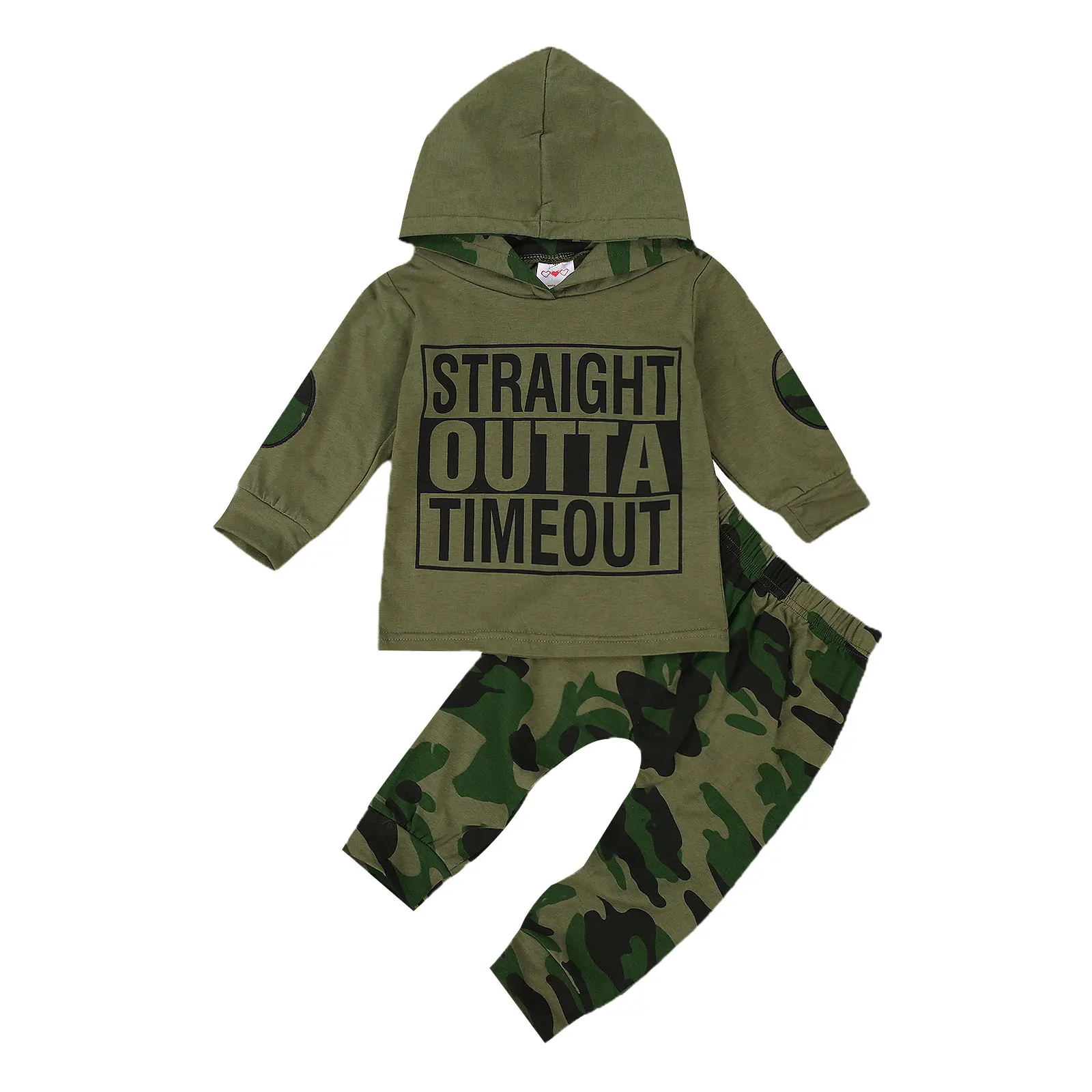 

2 Pcs Infant Casual Outfits, Toddler Long Sleeve Letter Print Hooded Top + Camouflage Trousers Set 0-24M