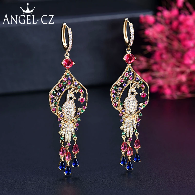 

Винтажные серьги-подвески Angelcz, с разноцветными животными, птицами, с фианитом, длинные, с кисточками, для вечеринок, AE253, Золотое кольцо