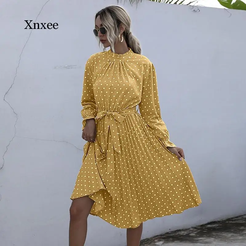

Ladies Vintage Polka Dot Print Dress Women Casual o Neck Butterfly Sleeve Spring Autumn Slim Bandage Women Dress Vestidos Female