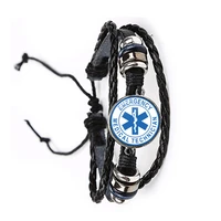 emergency medical technician paramedic symbol logo blackbrown leather bracelet glass dome blue star of life emt sign bangle