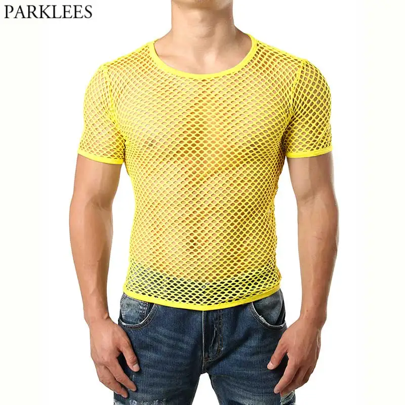 

Yellow Mesh See Through Tshirt Men 2020 Sexy New Short Sleeve Fishnet Transparent Tee Shirt Homme Hip Hop Streetwear Tops Tees