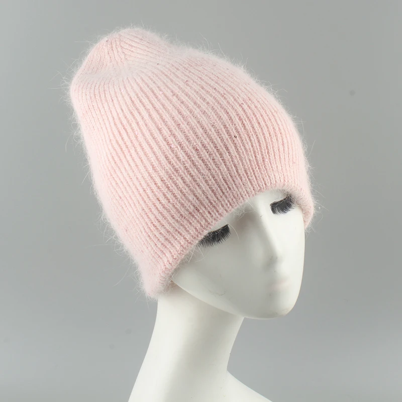 

2021 New Skullies Beanies Bling Sequins Rabbit Fur Knitted Hat Soft Warm Winter Hats For Women Gorros Female Cap