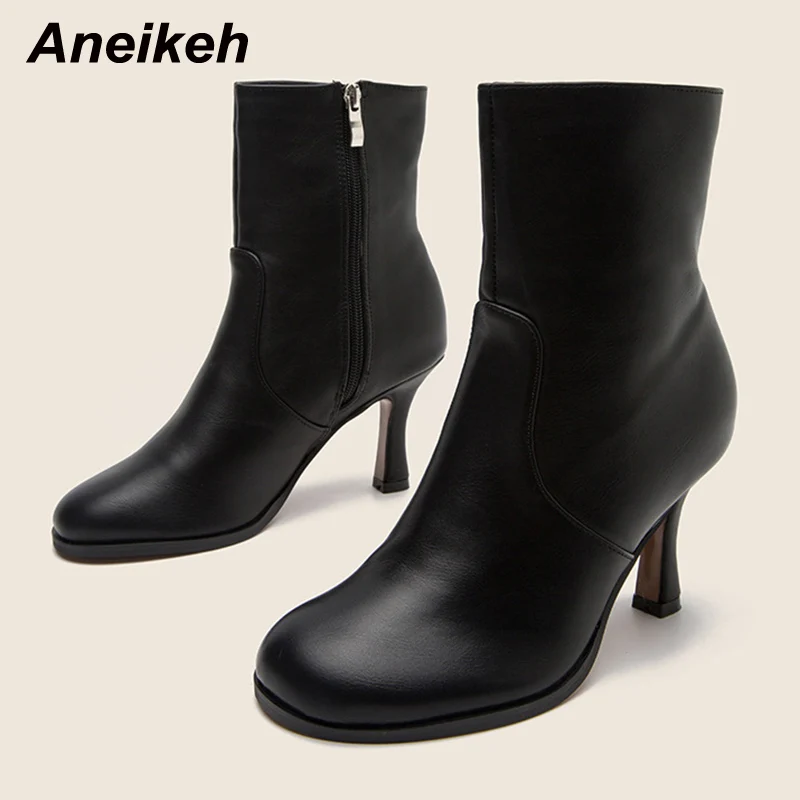 

Aneikeh Fashion PU Black Comfort Chelsea Winter High Boots Round Toe ANKLE Thin Heels Women's Shoes 2021 Warmth Solid NEW 36-43
