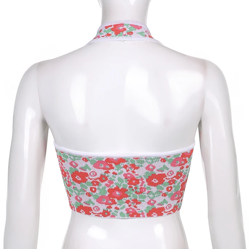 

Floral Printed Knitted Y2k Halter Crop Tanks Tops Women 2021Summer Sleeveless Tee Sexy Backless Female Casual Vest Streetwear