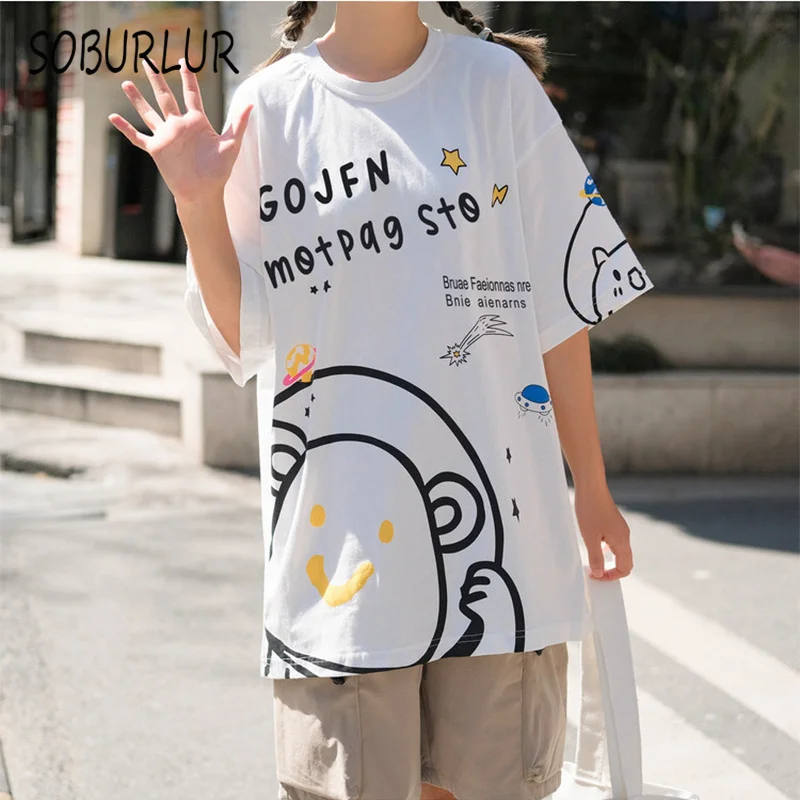 

SOBURLUR 2021 летняя Базовая футболка оверсайз с круглым вырезом Футболка с аниме принтом для женщин Парная женская одежда мужские футболки топ д...