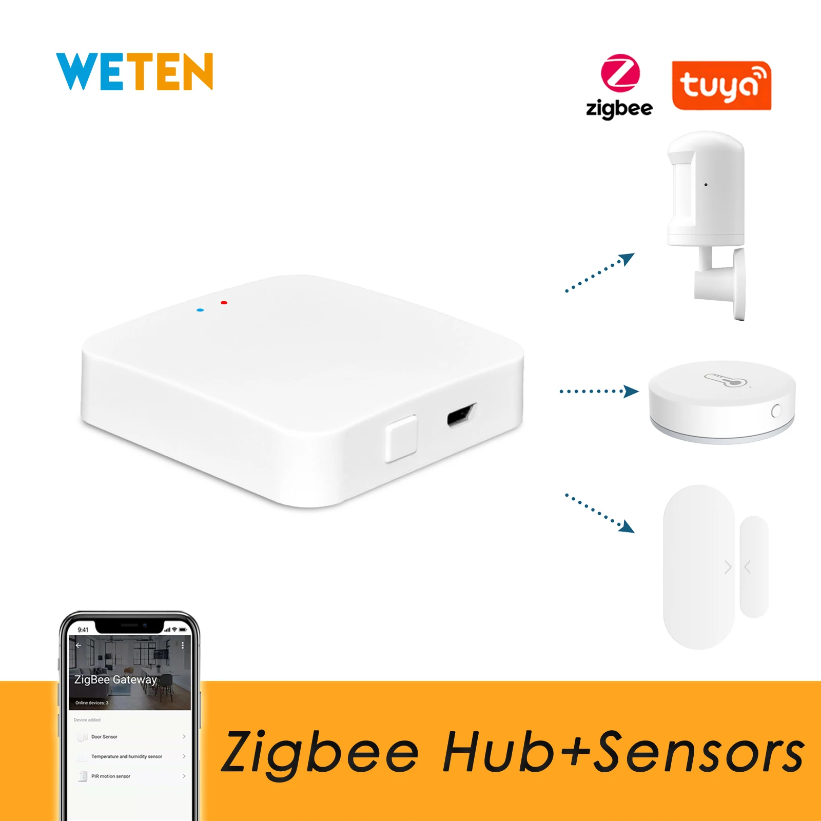 Tuya Zigbee Hub Gateway Bridge, Zigbee Door Sensor / Temperature Humidity Sensor / Zigbe PIR Motion Sensor Smart Life App