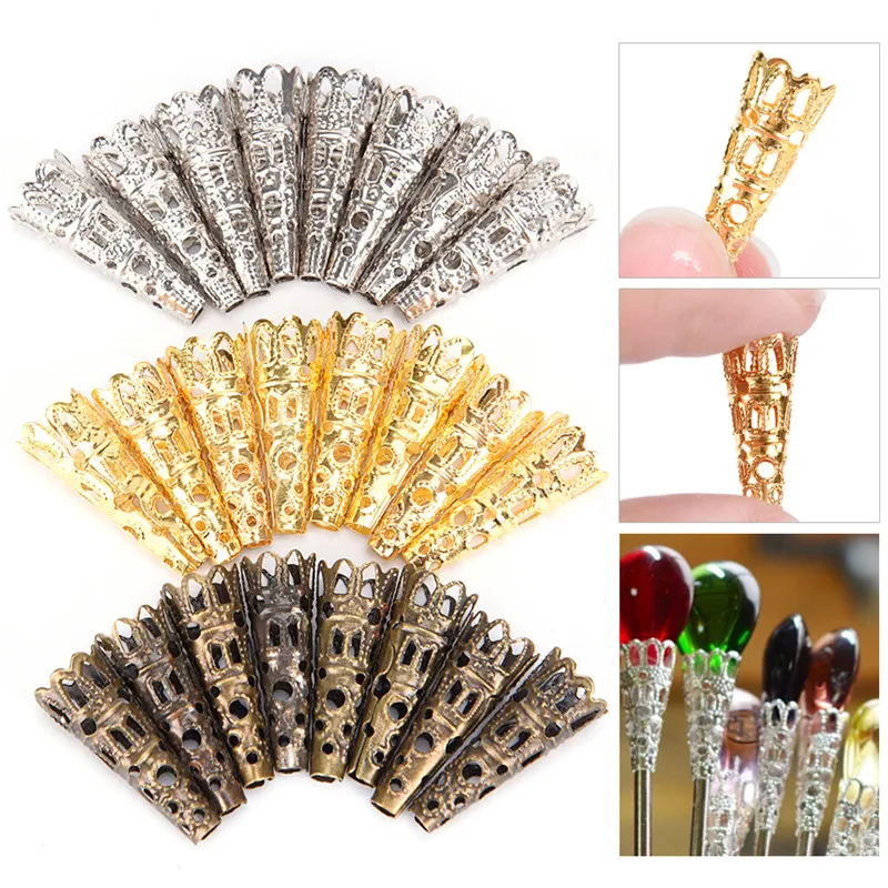 

100 Pcs Vintage Filigree Metal Pointed Horn Hollow Flower Spacer Beads End Caps Pendant DIY Charms Connectors Jewelry Findings