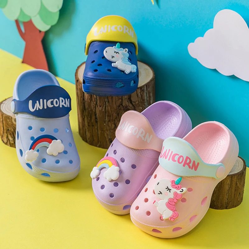 Тапочки с единорогом для мальчиков и девочек Обувь рисунком радуги Сезон лето