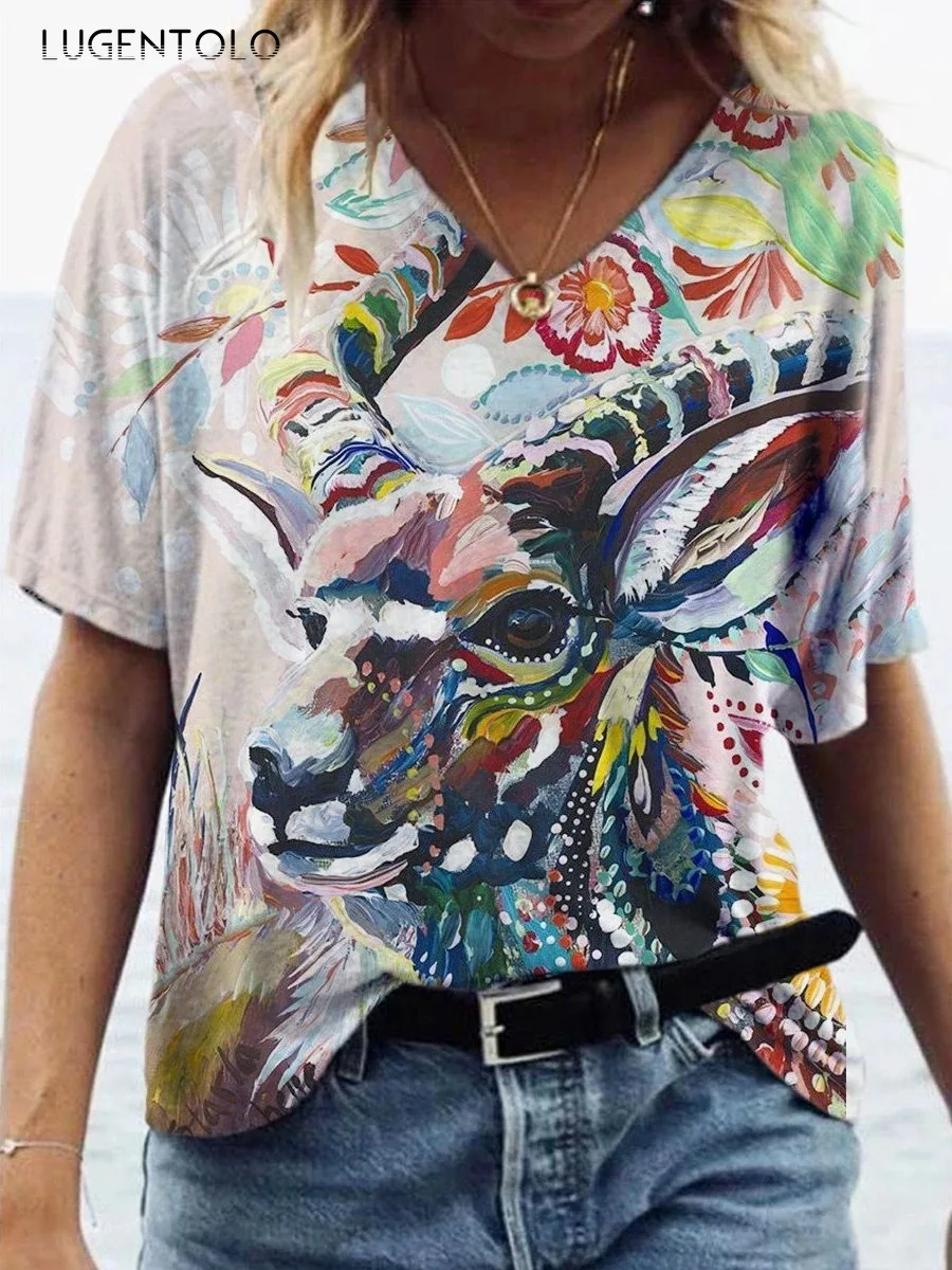 

Lugentolo Summer T-shirt Women Short Sleeve Loose Tops Female Casual Cartoons Animal Print V-neck Fashion Street T-shirts