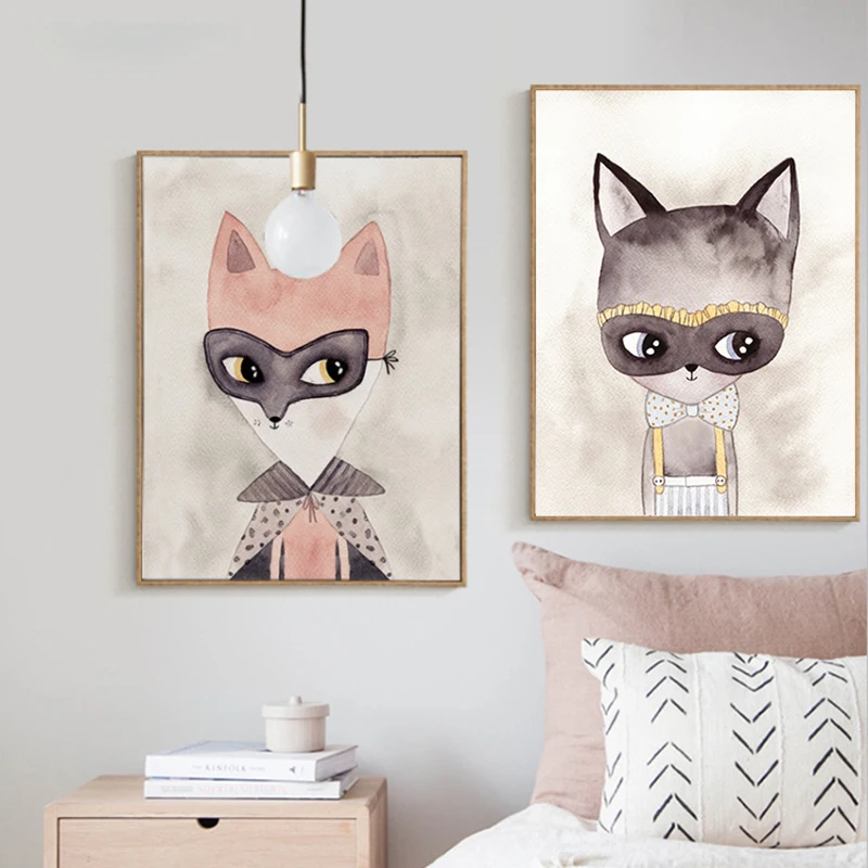 

Pink Water color Cat Fox Nordic Style Canvas Panting Wall Art Pictuers For Living Room Dining Room Bedroom Study Decorative
