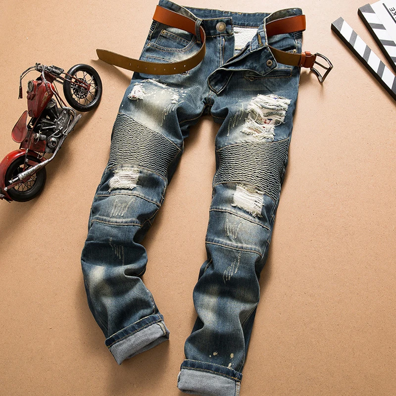 

NEW 2020 Autumn winter Europe Vintage Camo Pleated male nostalgic locomotive Denim biker jeans straight men's trousers 29-42
