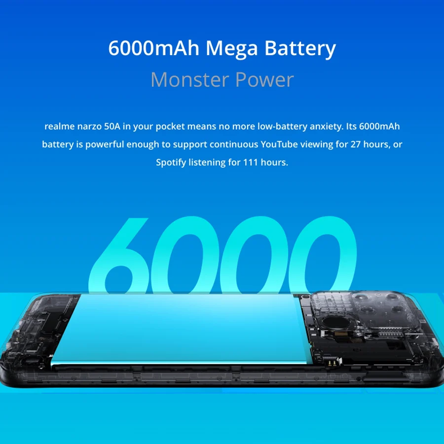 Глобальная версия realme narzo 50A 6 5 дюйма 4 + 128 ГБ 6000 мА батарея процессор Helio G85 AI-камера