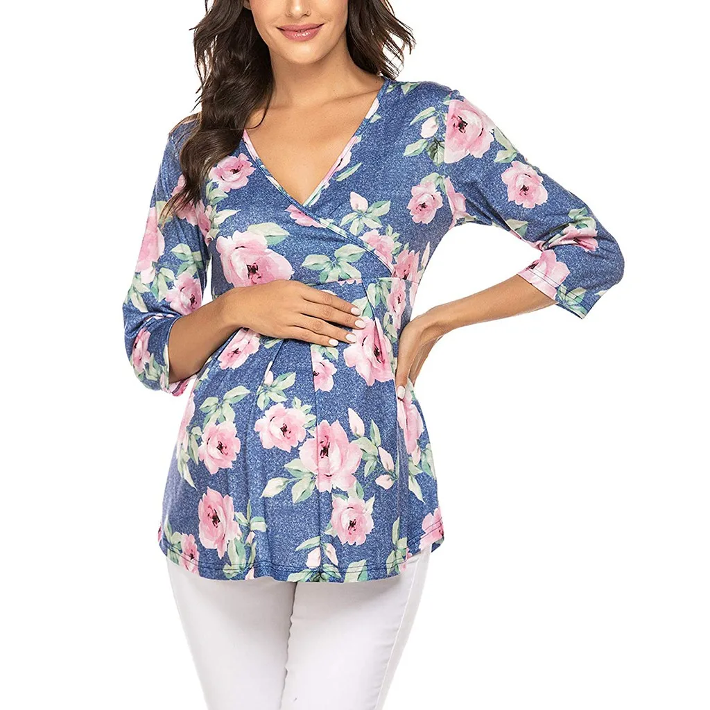 

Pregnant Woman Long Sleeve T Shirts Women Maternity 3/4 Sleeve Floral Pleated Nursing T-Shirt Tops For Breastfeeding Dropship