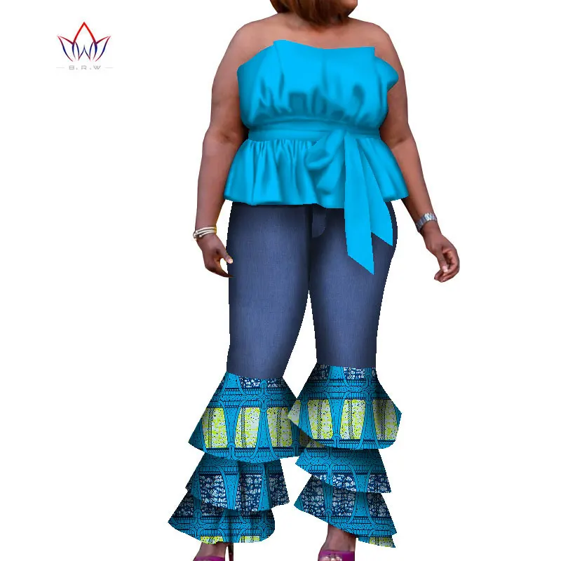 

20210African Print Two Piece Trousers Set Dashiki Plus Size African Clothing for Women Bazin Crop Top and Pants WY8473