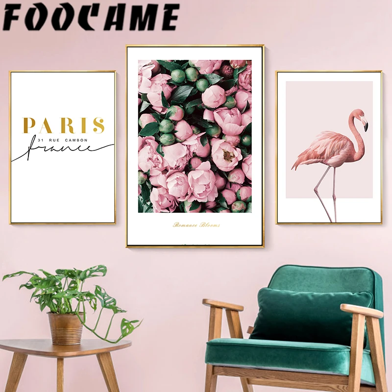 

Scandinavian Wall Art Canvas Pink Flower Flamingo Painting Posters Nordic Print Living Room Decor Picture Modern Home Decoration