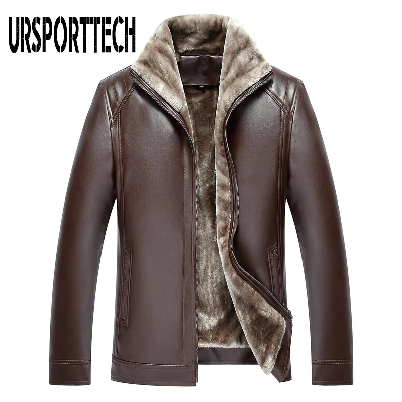 New Fashion Men's PU Leather Jacket Mens Brand Clothing Thermal Outerwear Winter Fur Male Fleece Leather Down Jackets Coats