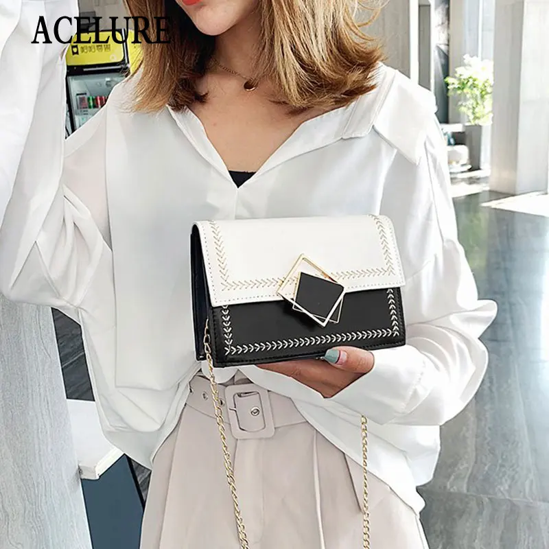 

ACELURE Patchwork PU Leather Small Shoulder Crossbody Bags Women Fashioin Metal Chain Messenger Female Bags Elegant Ladies Purse