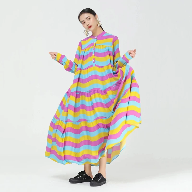 

CHICEVER Striped Dress For Women Stand Collar Long Sleeve Hit Color Loose Designer Oversized Ruffles Mid Dresses Female 2021 New