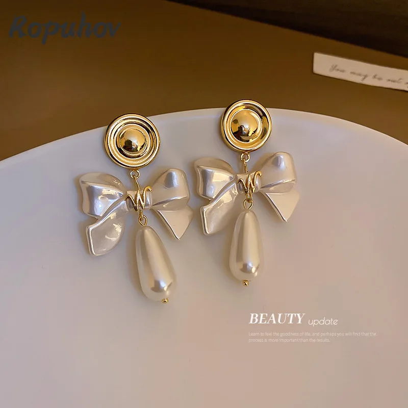 

Ropuhov 2021 New Woman 925 Silver Needle Bow Pearl Drop French Design Advanced Sense Earrings Christmas Gift