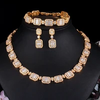 cwwzircons 3pcs shiny luxury baguette cz bridal wedding necklace earring bracelet dubai gold costume jewelry sets for women t498
