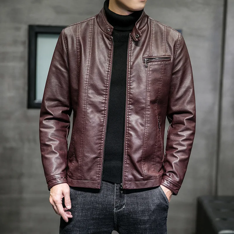 

Fall 2022 Men's Casual Stand Collar Leather New Slim Fit Trendy Handsome PU Leather Jacket for Teenagers