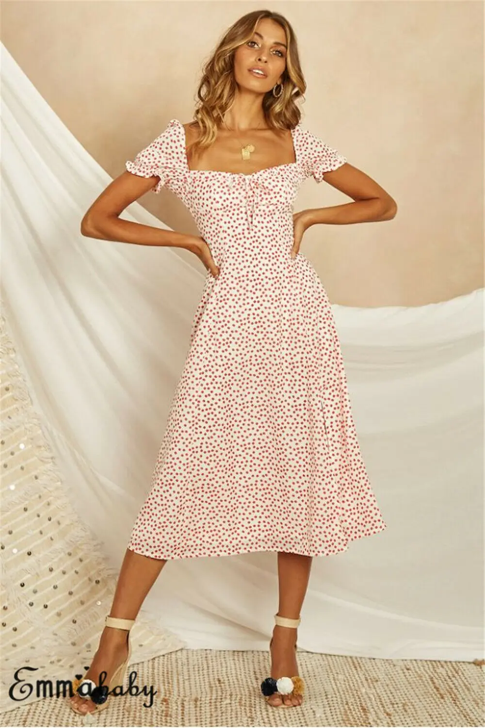 Women Summer Boho V-Neck Polka Dot Print Dress Evening Party Knee Length Beach Dresses Green White Sundress | Женская одежда