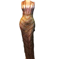 sparkly gold crystals sleeveless women dresses evening prom celebrity party diamonds long dresses nightclub stage costumes